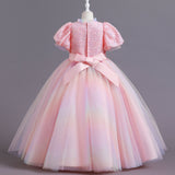 Kid Gir Princess Mesh Gauze Wedding Bubble Sleeve Piano Long Dresses