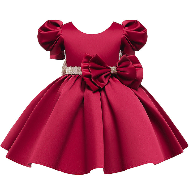 Kid Girl Princess Double Shoulder Bubble Sleeve Layer Bow Dresses