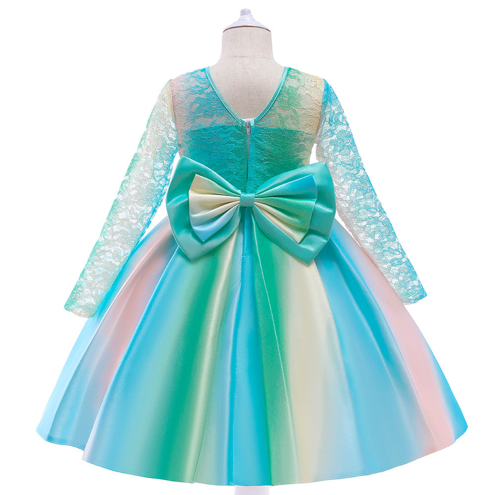 Kid Girl Christmas Gradual Long Sleeve Bow Lace Dress