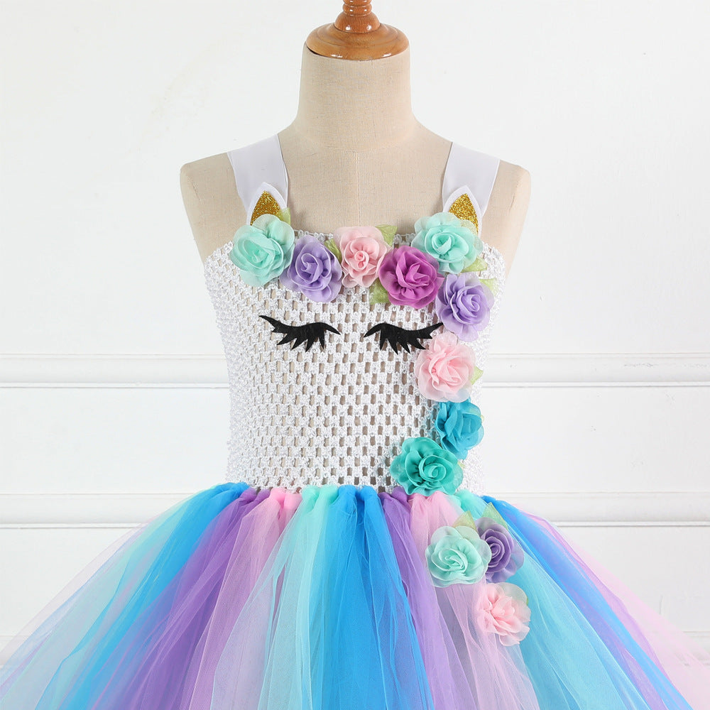 Mesh Kid Girl Flower Tutu Festival Unicorn Ballet Princess Tutu Dress