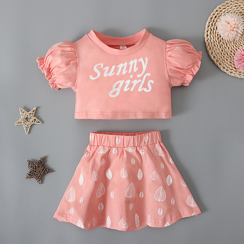Kid Baby Girl Suit Letter Bubble Cuff Short Sleeve 2 Pcs Sets