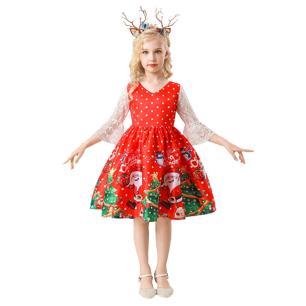 Christmas Kids Girl Cartoon Print Satin Dress