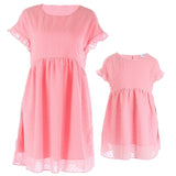 Family Matching Mother Daughter Round Collar Short Sleeves Lovely Dresses