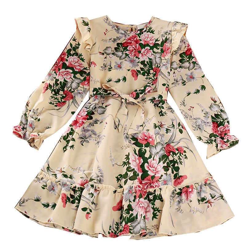 Kid Girl  Korean Long Sleeves Retro Autumn Flower Dresses