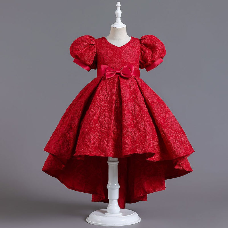 Kid Girls Wedding Bubble Sleeve Piano Performance Hosting Trailing Dresses