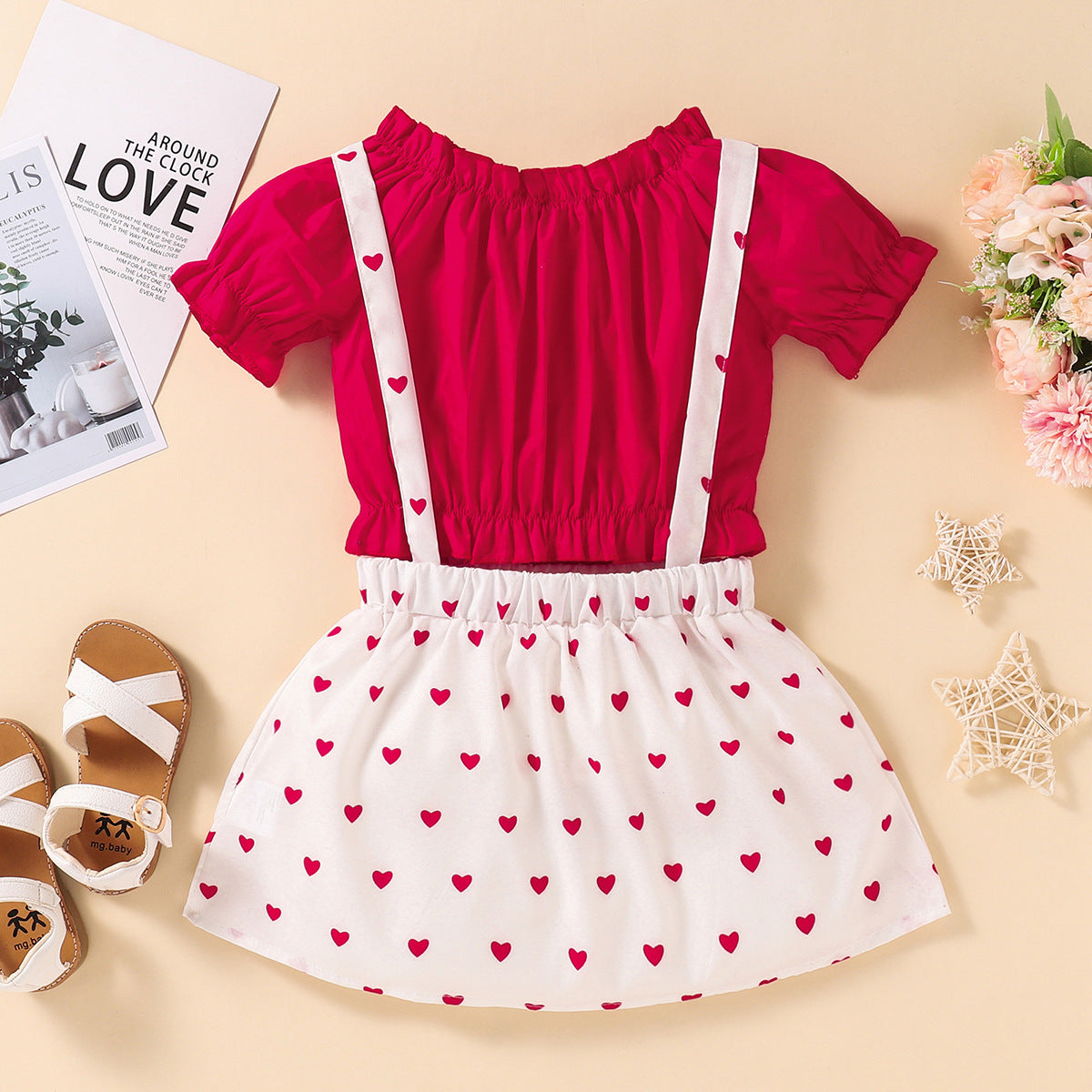 Baby Kid Girls Valentine's Day  Red One-line Shoulder Polka Dot 2 Pcs Sets