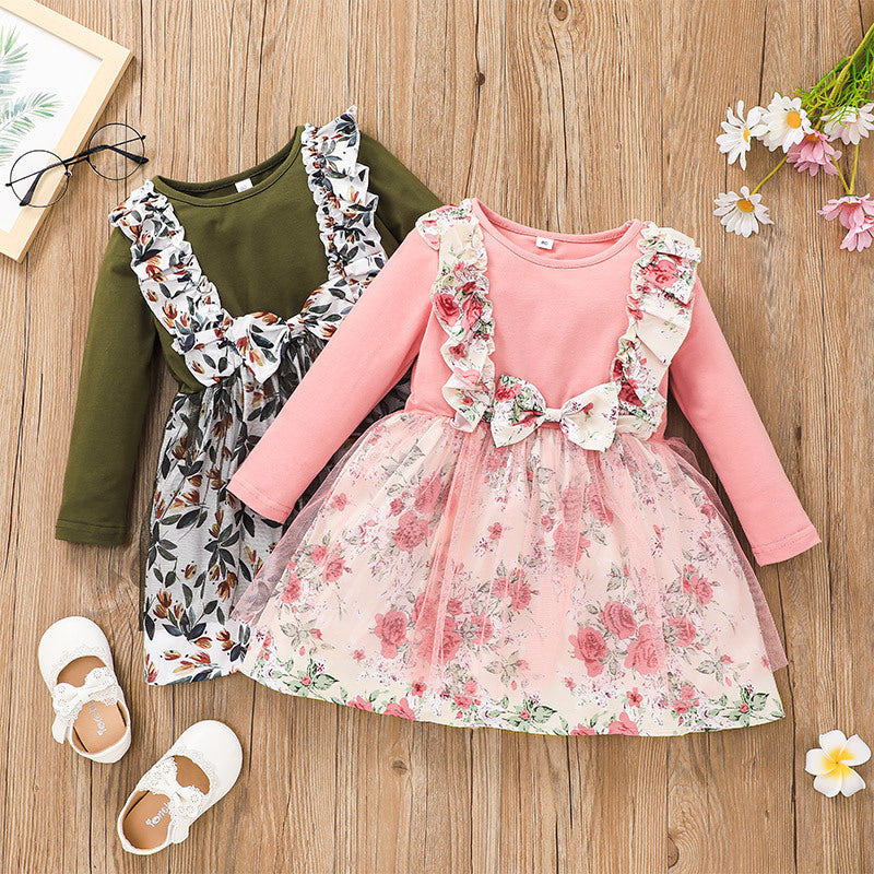 Baby Girl Autumn Lovely Printing Gauze Flower Dresses