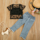 Kid Baby Girl Suit Summer Short Sleeve Lace Hollowed-out Jeans 2 Pcs Sets