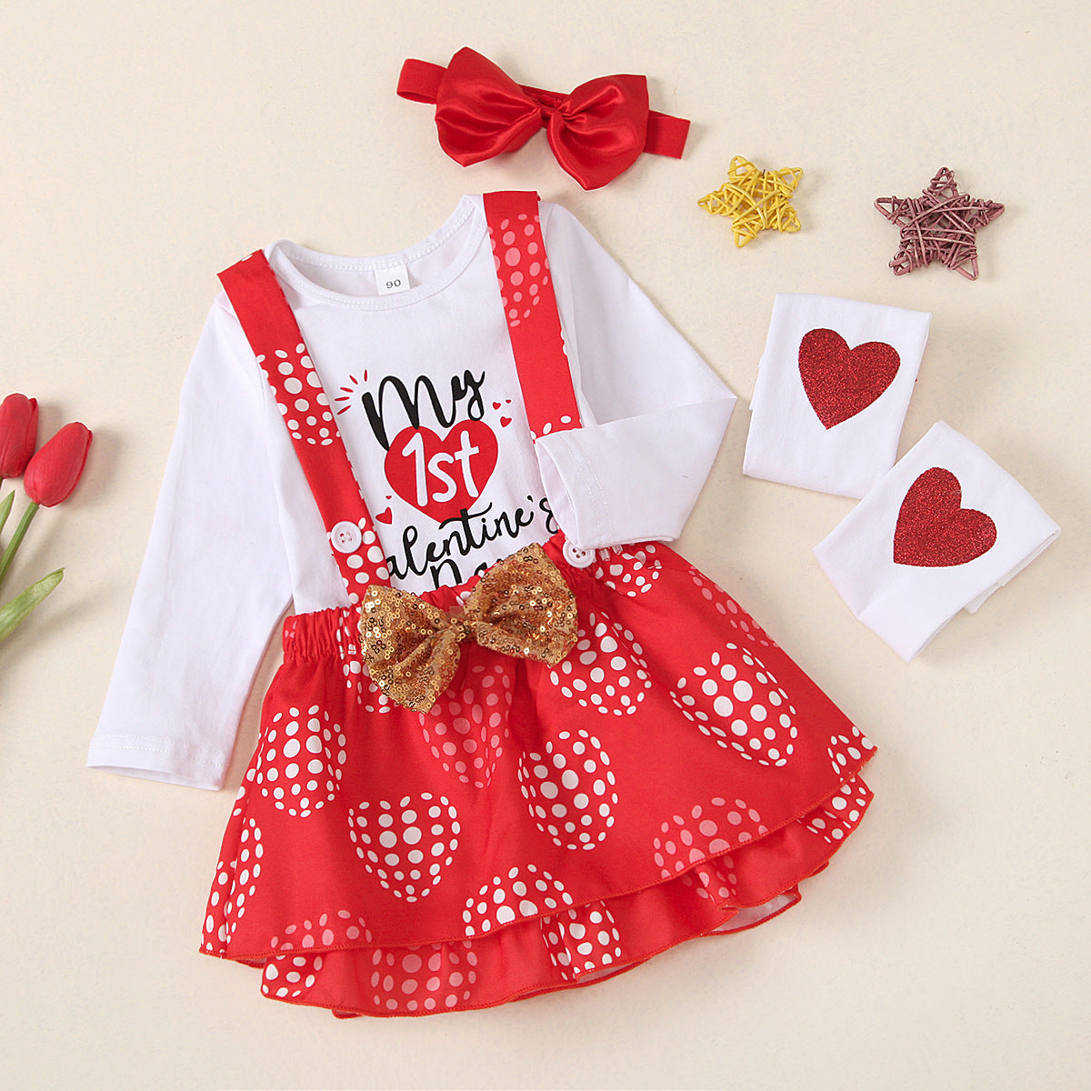 Baby Girl Valentine Party White Printed Dress 4 Pcs Sets