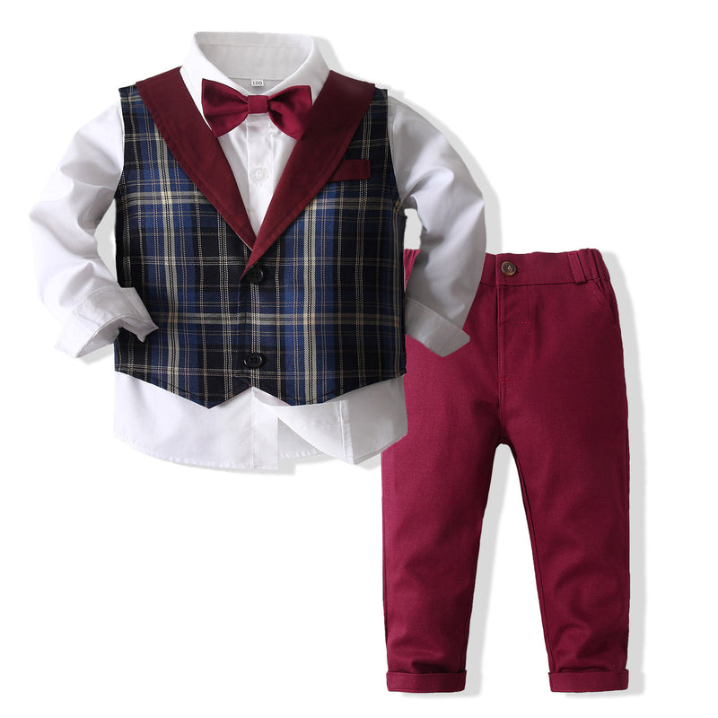 Kids Baby Boy Banquet Party Gentleman Plaid 3 Pcs Sets