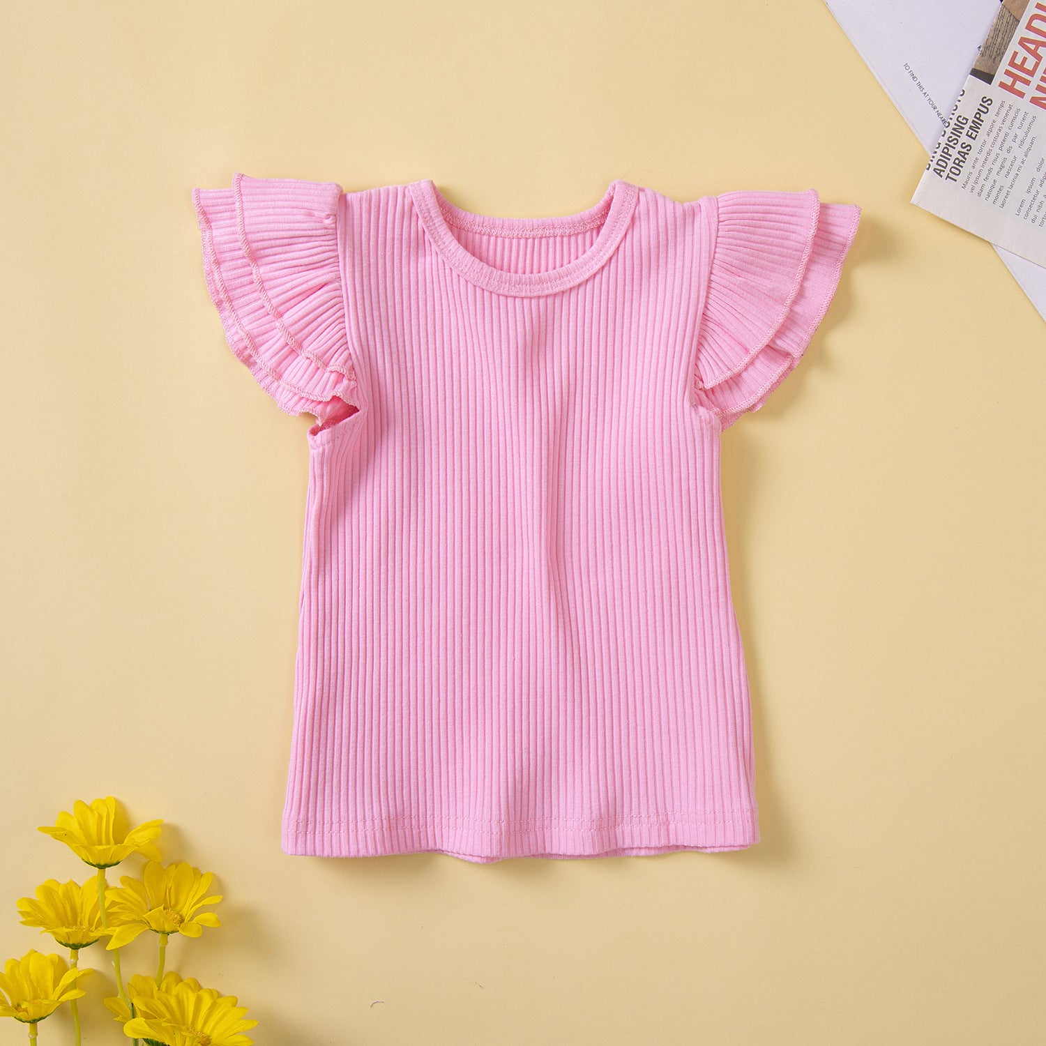 Kid Baby Girl Casual Suit Sweet Fly Sleeve Suspender Shorts 2 Pcs Sets