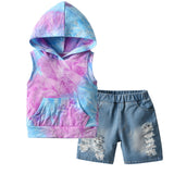 Kid Baby Boys Set Hooded Sleeveless Tie-dye Pullover 2 Pcs Set
