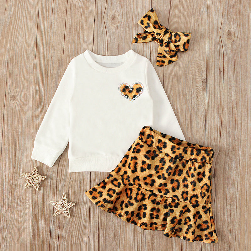 Baby Girls Valentine's Day Long Sleeve Love Leopard Print 3 Pcs Sets