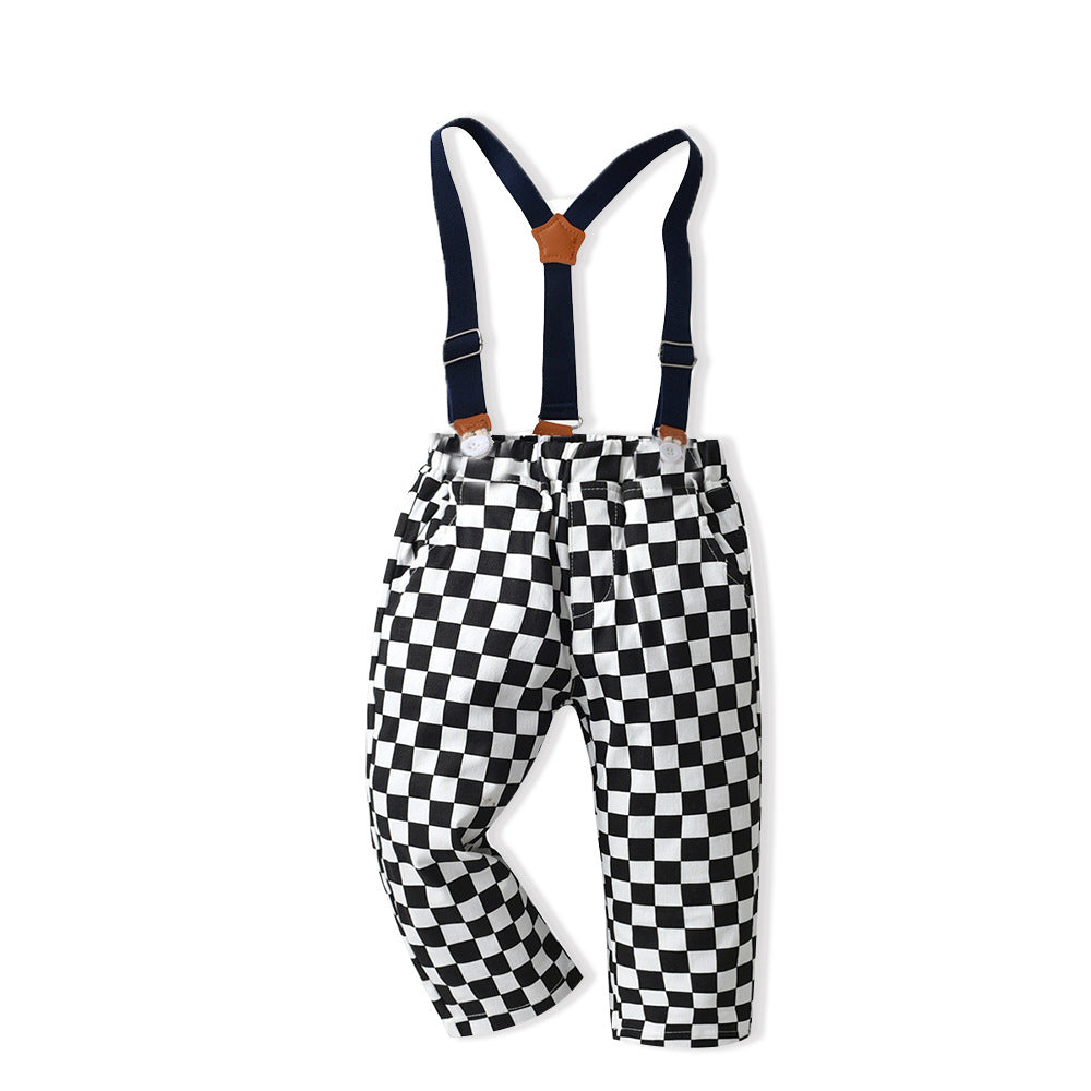 Kid Baby Boy Checkered Long Sleeve Lapel Cardigan 2 Pcs Sets