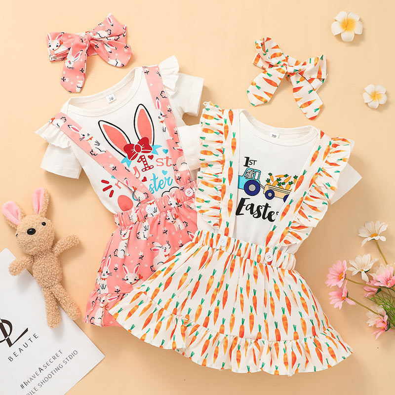 Baby Summer Easter Bunny Full Print Suspenders 3 Pcs Set