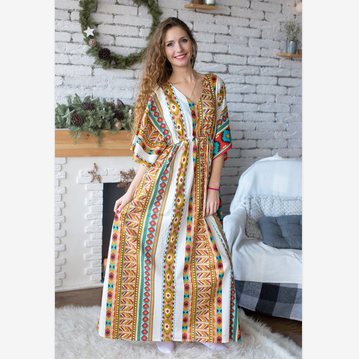 Family Matching Geometric Print V-neck Short Sleeve Long Dress
