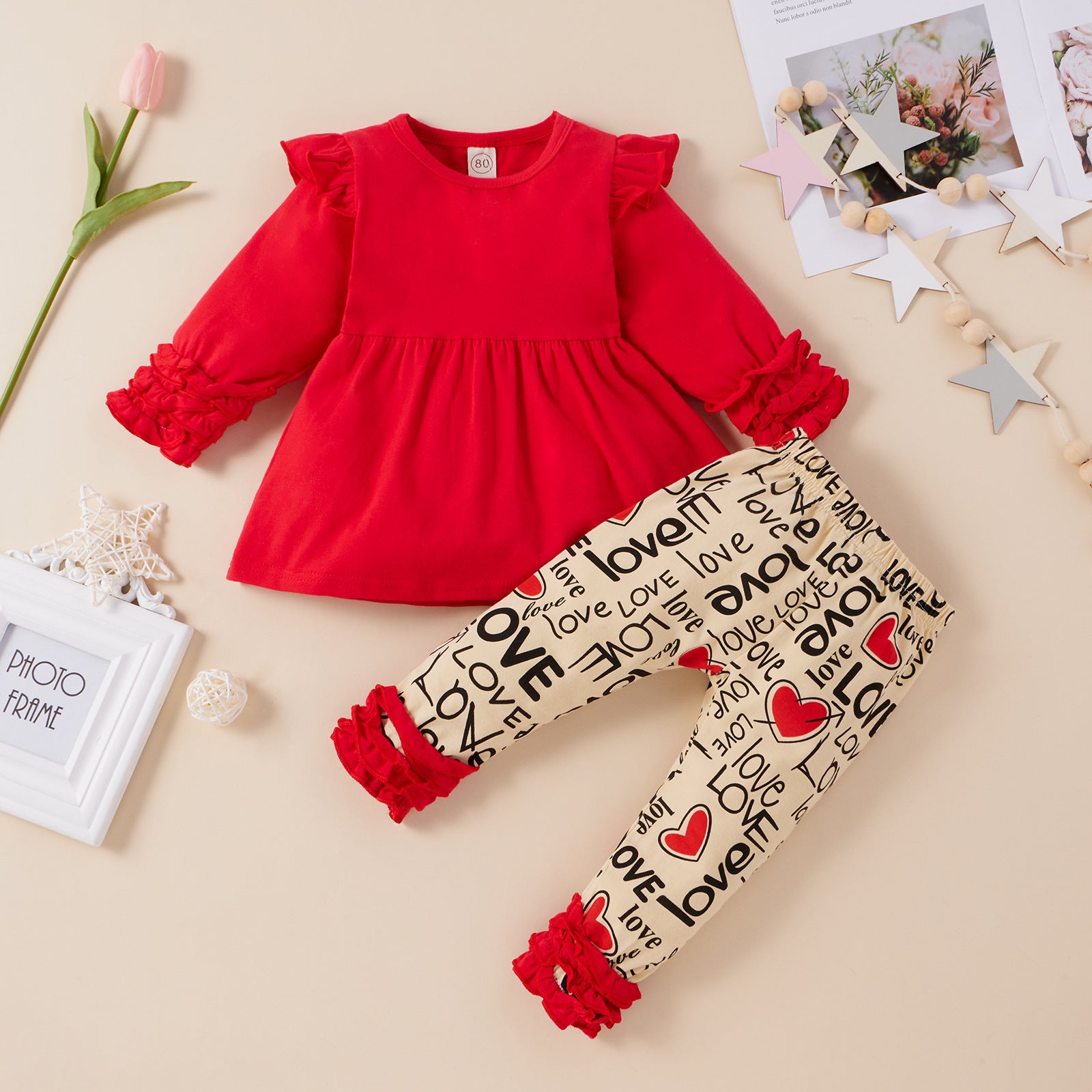 Baby Toddler Girl Suit Valentine's Day Long Sleeve Letter Heart Lace 2 Pcs Sets