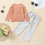 Kid Baby Girl Long Sleeve Solid Knit  Denim Fashion Outfits 2 Pcs Sets