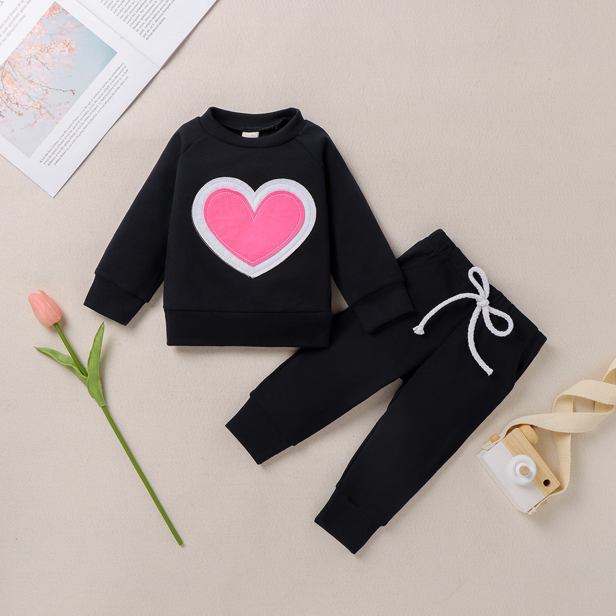 Infants Baby Girl Valentine  Pure Color Long Sleeve Love Suit 2 Pcs Set