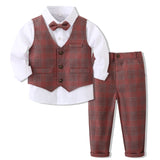 Kid Baby Boy Gentleman Suit Plaid Banquet 3 Pcs Sets
