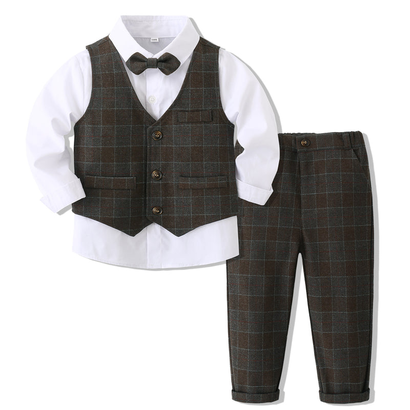 Kid Baby Boy Gentleman Suit Plaid Banquet 3 Pcs Sets