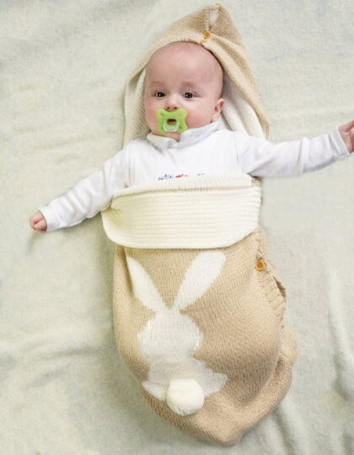 Solid Color Baby Knit Rabbit Button Sleeping Outdoor Cart Wool Pajamas
