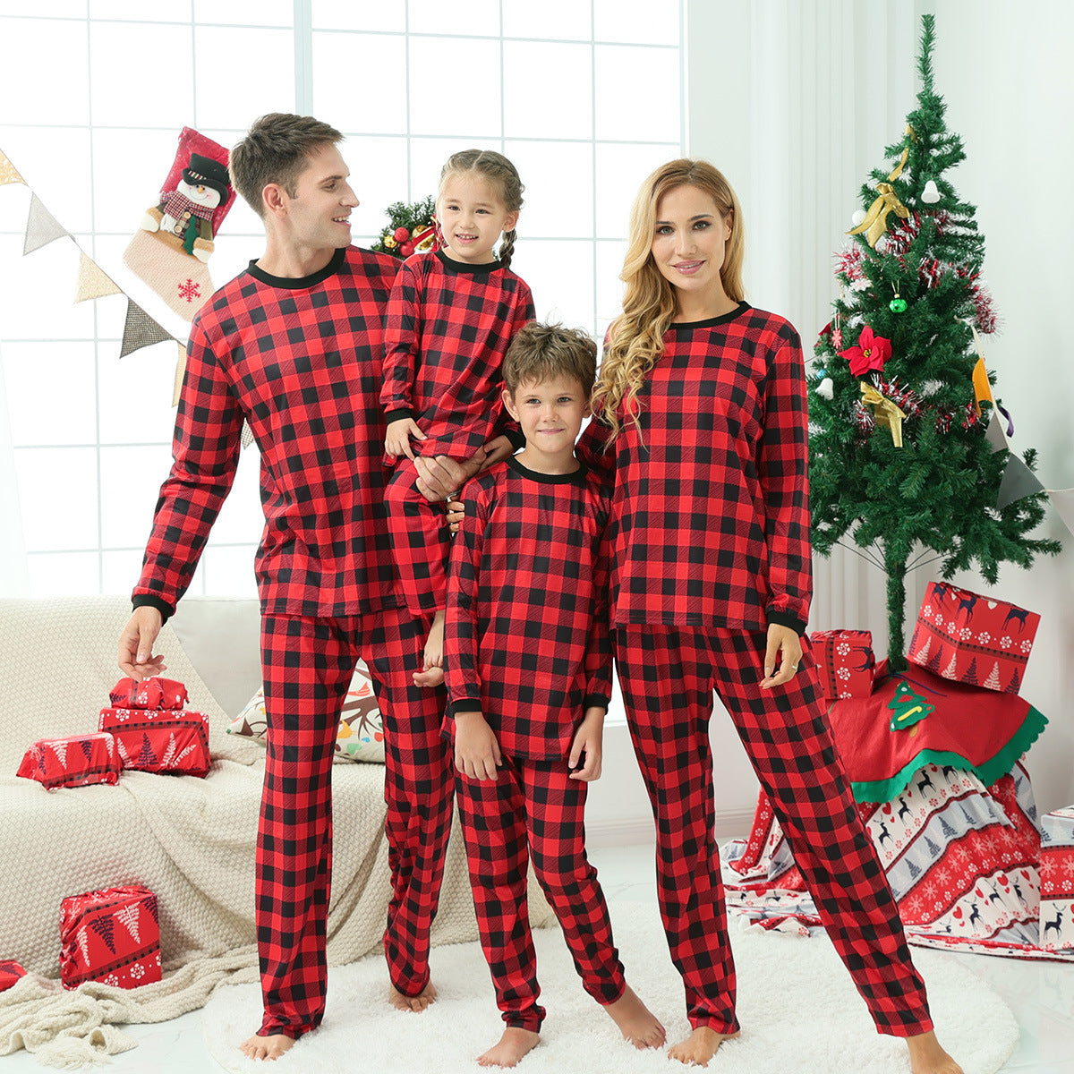 Family Matching Christmas Home Red Plaid Long-sleeved Pajamas