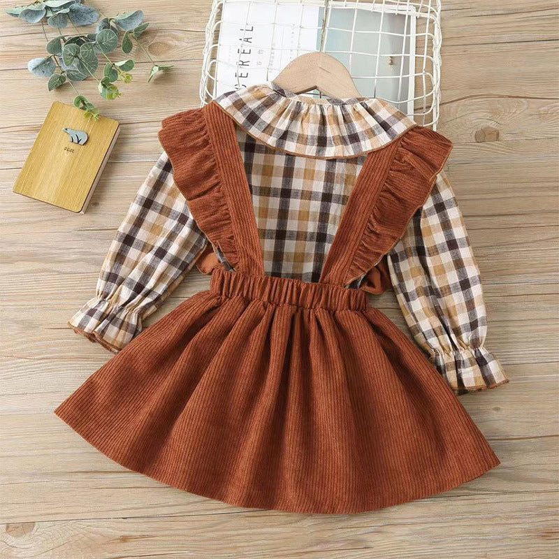 Autumn Toddler Baby Girls Sets Plaid Ruffle Tops Suspender Skirt 2pcs Sets