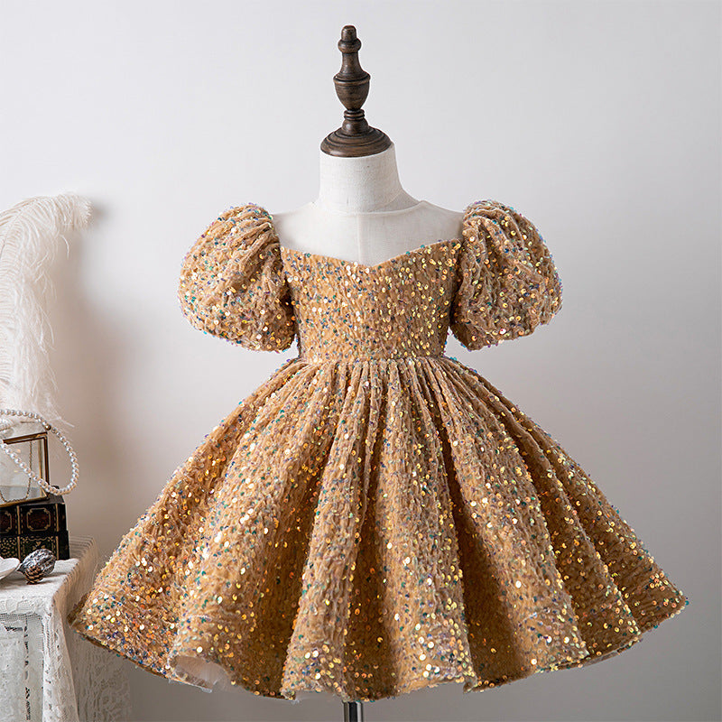 Kid Baby Girl Sequin Bubble Sleeve Princess Performance Dress