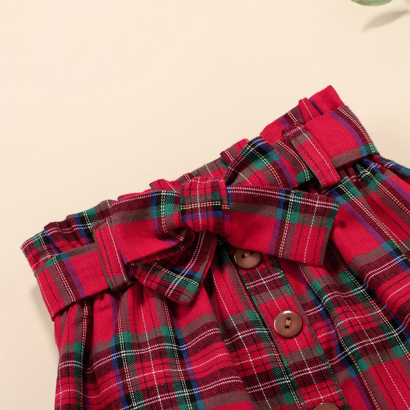 Infant Kid Baby Girls  Plaid Print Pearl Short Sleeve 2pcs Set