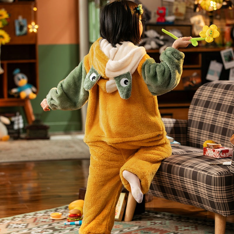 Kid Boy Thick Coral Velvet One-piece Cartoon Warm Flannel Pajamas