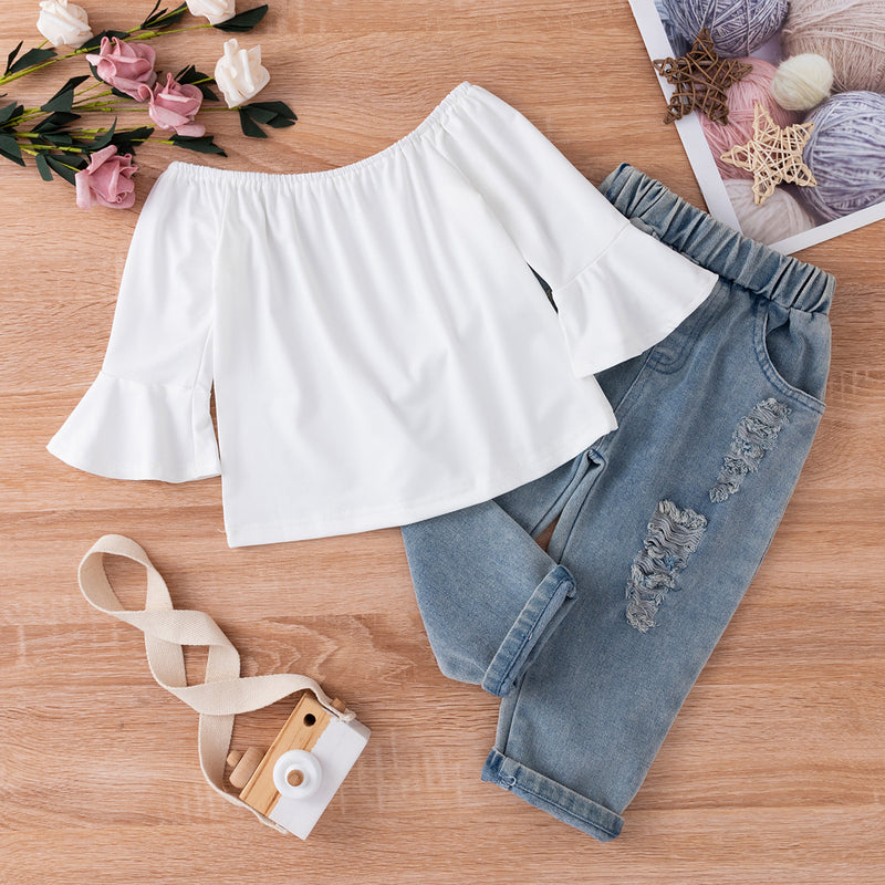 Kid Baby Girl Suit Shoulder Flounces Ripped Jeans 2 Pcs Sets