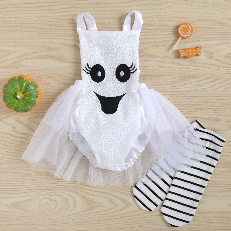 Baby Girl Halloween Smiling Face Embroidered Gauze Climbing Rompers