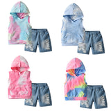 Kid Baby Boys Set Hooded Sleeveless Tie-dye Pullover 2 Pcs Set