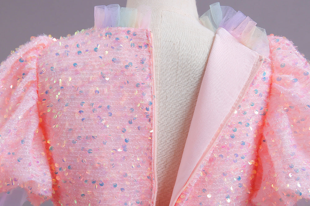 Kid Gir Princess Mesh Gauze Wedding Bubble Sleeve Piano Long Dresses