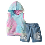 Kid Baby Boys Set Hooded Sleeveless Tie-dye Pullover 2 Pcs Set