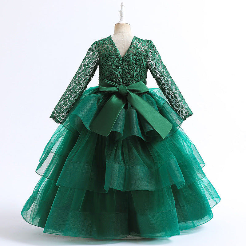 Kid Baby Girl Long Sleeved Sequins Gauze Puffy Princess Dress