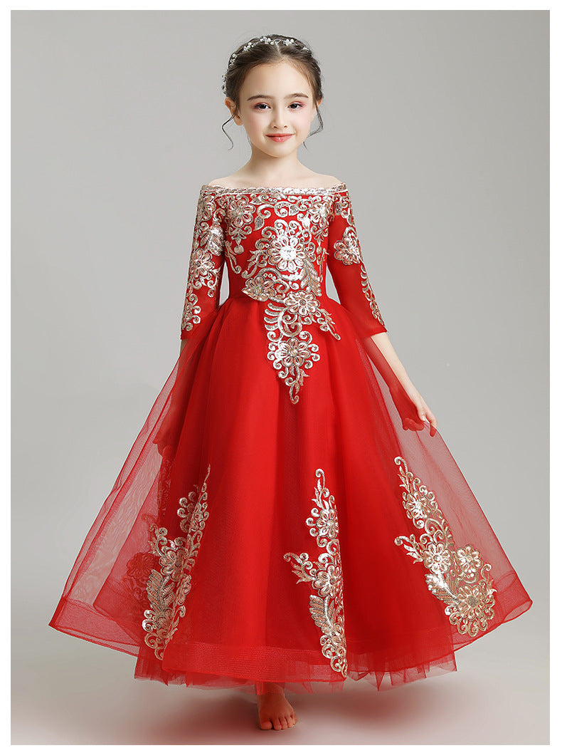 Kid Girl Flower Princess Peformance Long Sleeves Dresses