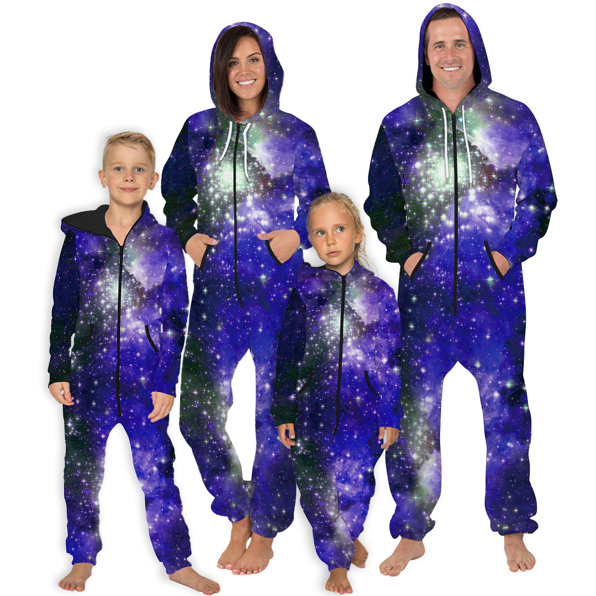 Family Matching Star Digital Print Fashion Zipper Long Sleeve Pajamas