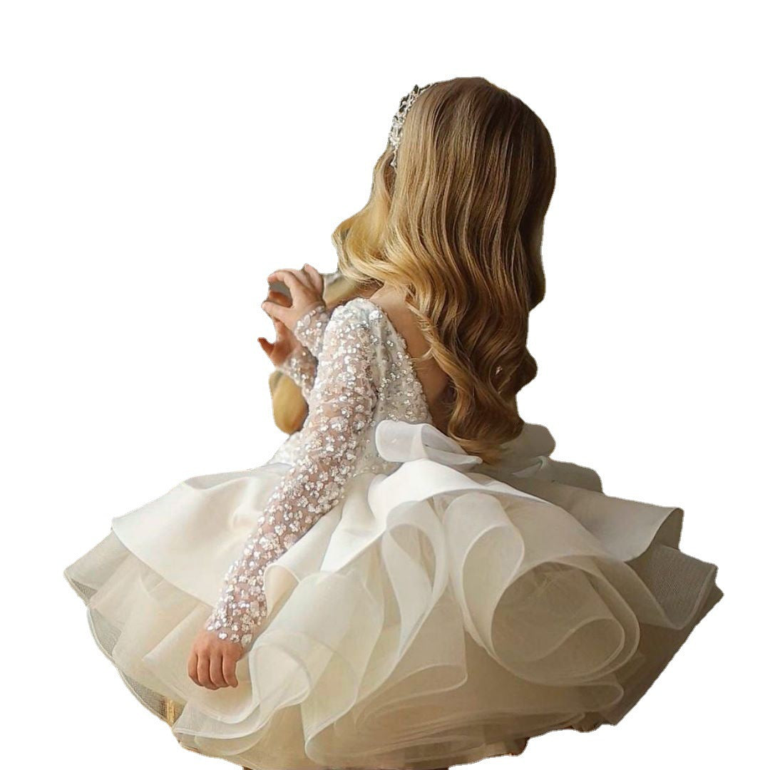 Kid Girl Formal Long Sleeve Lace Sequins Wedding Princess Bridesmaid Dress