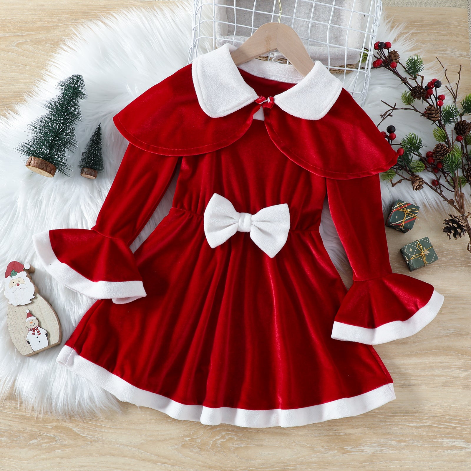Kid Baby Girls Christmas Velvet Lapel Flared Sleeves Dresses
