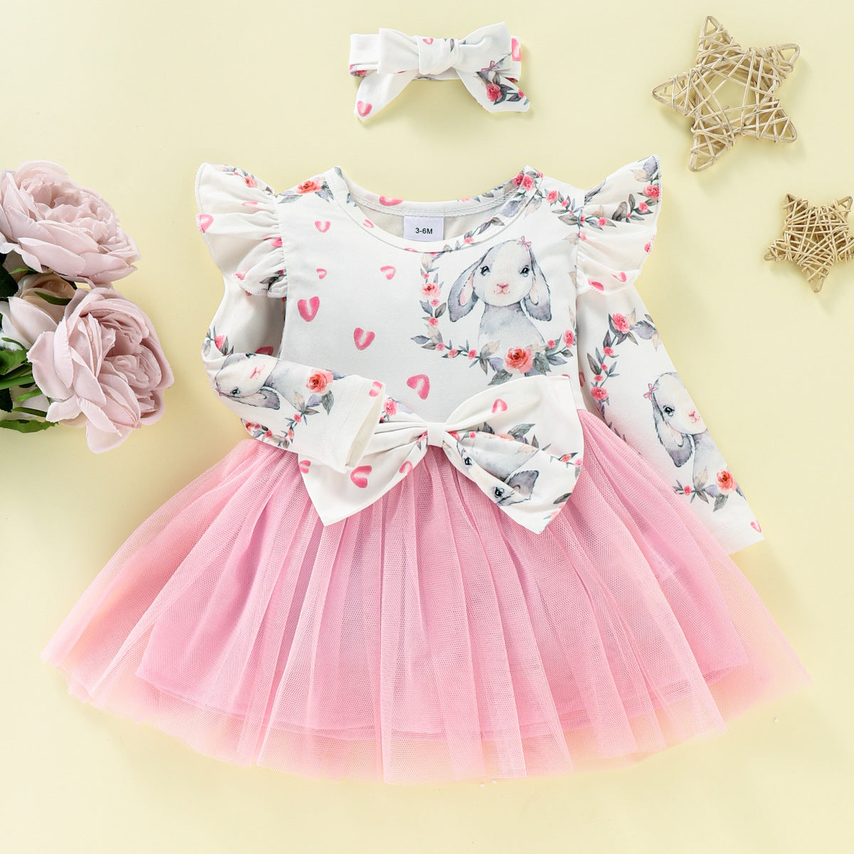 Baby Girls Long Sleeve Pink Flower Dress With Headscarf