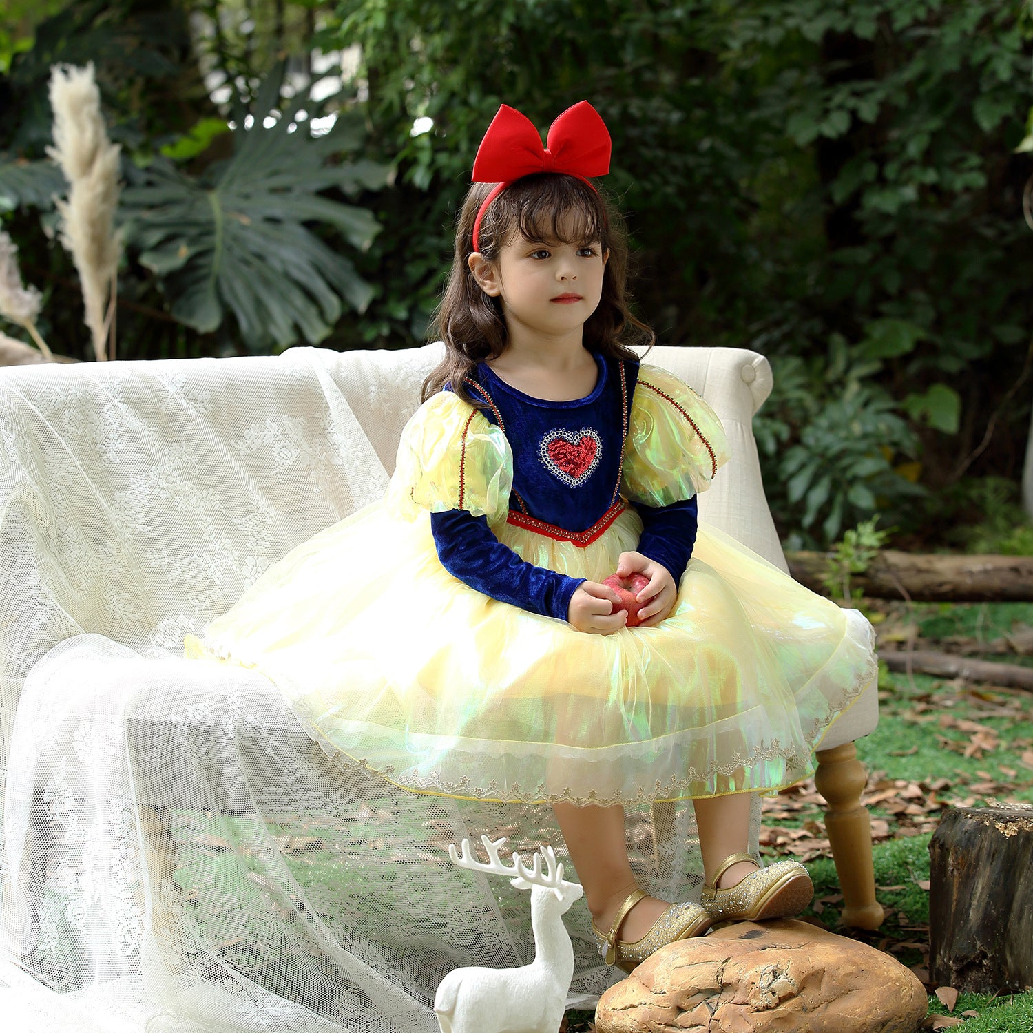 Kid Girl White Snow Princess Autumn Winter Bubble Sleeve Dresses