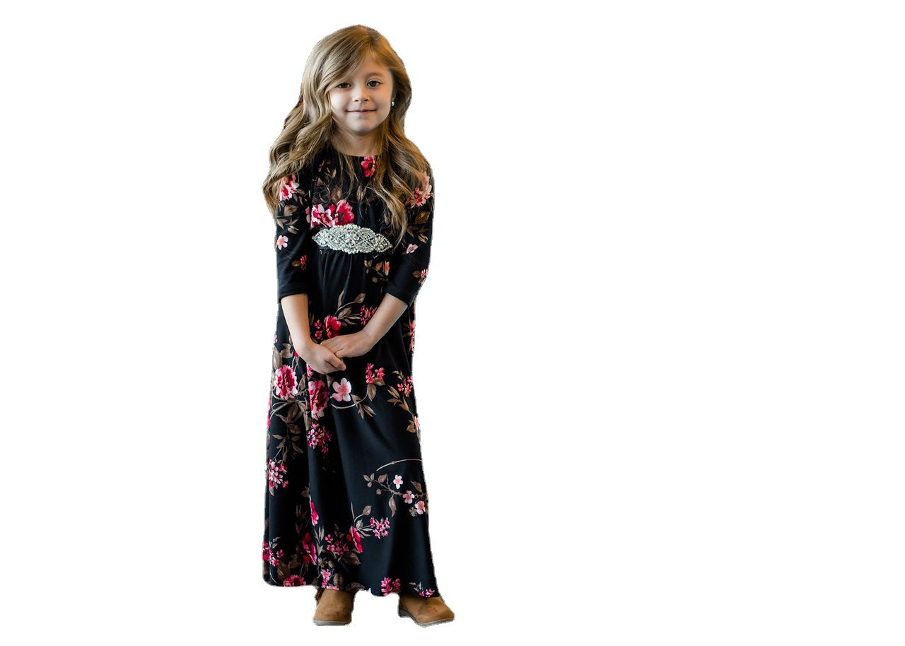 Family Matching Mother Daughter Long Sleeve Flower Print Dresses