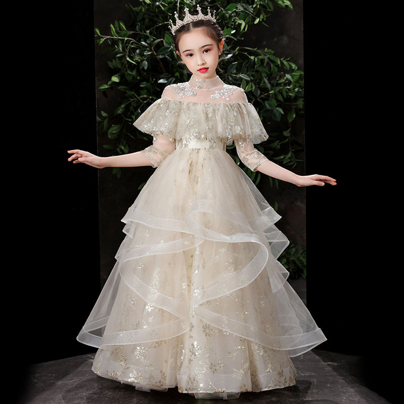 Kids Long Girl Champagne Sequin Embroidery Teenagers Ceremony Dress