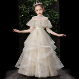 Kids Long Girl Champagne Sequin Embroidery Teenagers Ceremony Dress