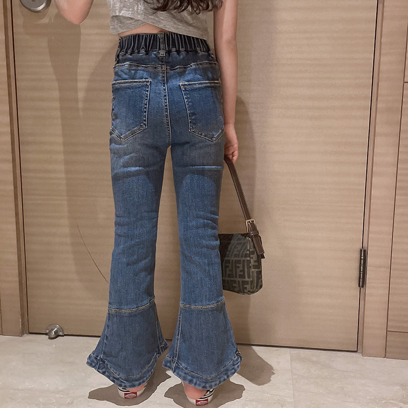 Kid Girl Teenage Jeans Spring Fashion Retro Versatile Slim Blue Denim Flared Pants