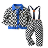 Kid Baby Boy Checkered Long Sleeve Lapel Cardigan 2 Pcs Sets