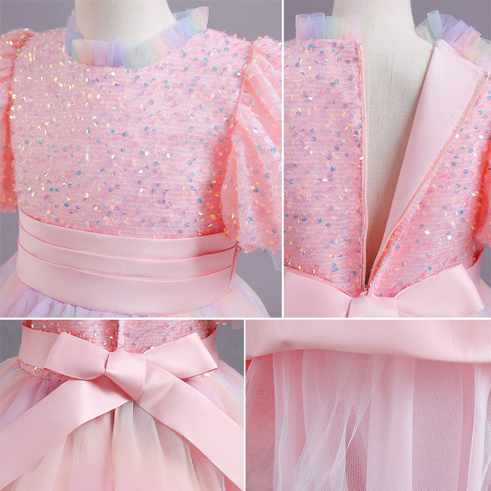 Kid Gir Princess Mesh Gauze Wedding Bubble Sleeve Piano Long Dresses