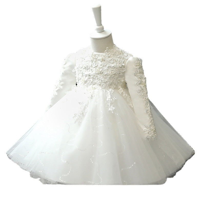 Kid Baby Flower Girl Wedding Pomfret Yarn Long Sleeve Birthday Princess Dress